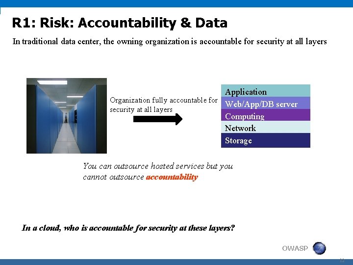 R 1: Risk: Accountability & Data In traditional data center, the owning organization is
