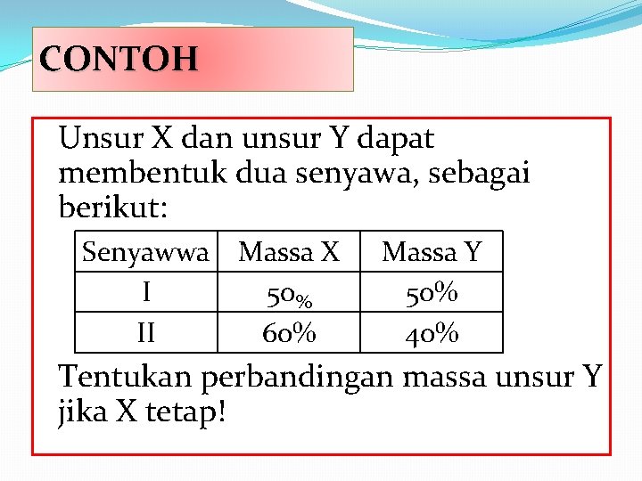 CONTOH Unsur X dan unsur Y dapat membentuk dua senyawa, sebagai berikut: Senyawwa Massa