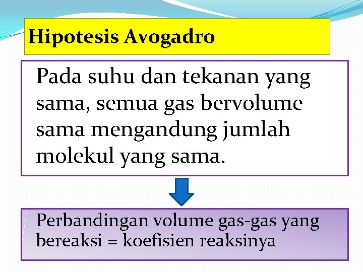Hipotesis Avogadro Pada suhu dan tekanan yang sama, semua gas bervolume sama mengandung jumlah