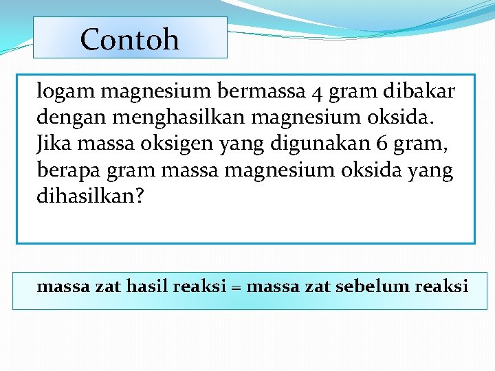 Contoh logam magnesium bermassa 4 gram dibakar dengan menghasilkan magnesium oksida. Jika massa oksigen