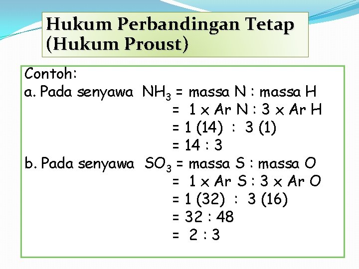 Hukum Perbandingan Tetap (Hukum Proust) Contoh: a. Pada senyawa NH 3 = massa N