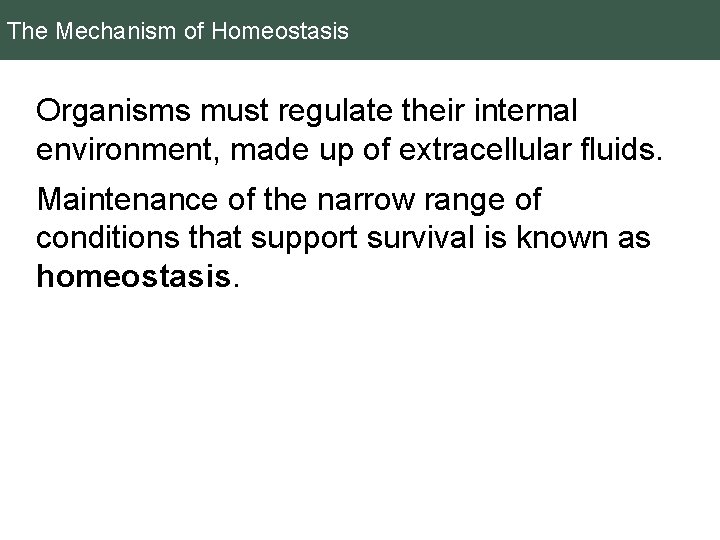 The Mechanism of Homeostasis Organisms must regulate their internal environment, made up of extracellular
