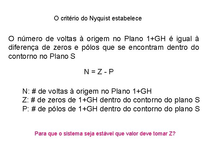 O critério do Nyquist estabelece O número de voltas à origem no Plano 1+GH