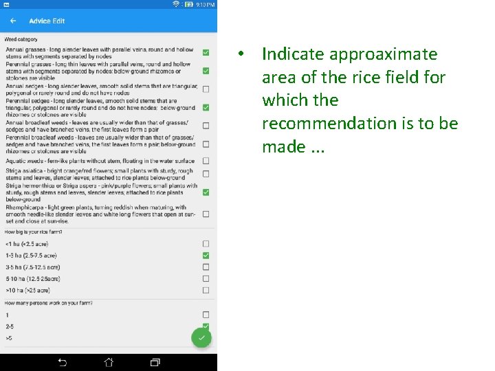  • Indicate approaximate area of the rice field for which the recommendation is