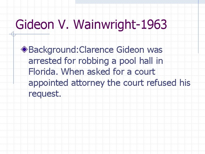 Gideon V. Wainwright-1963 Background: Clarence Gideon was arrested for robbing a pool hall in