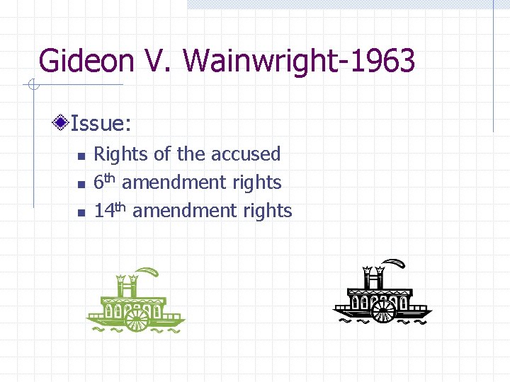 Gideon V. Wainwright-1963 Issue: n n n Rights of the accused 6 th amendment