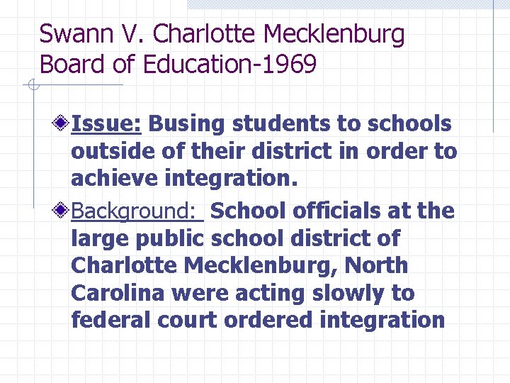 Swann V. Charlotte Mecklenburg Board of Education-1969 Issue: Busing students to schools outside of