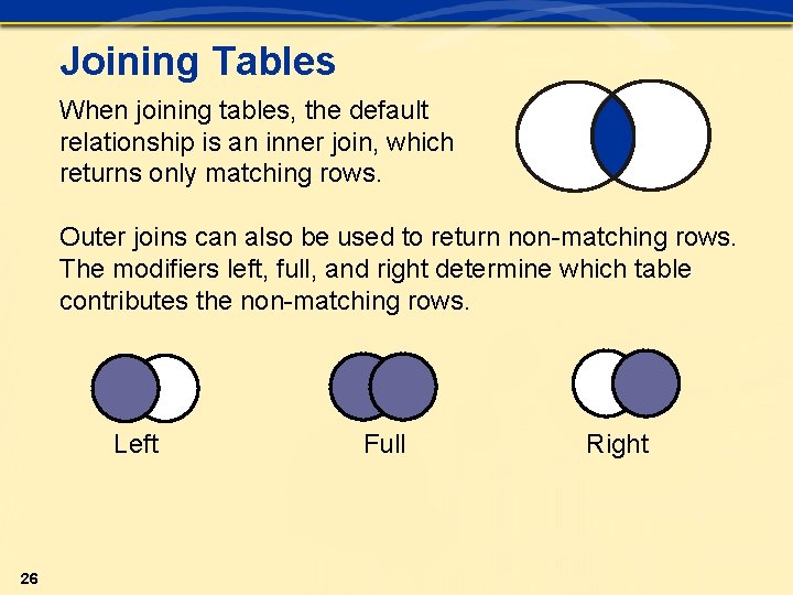 Joining Tables When joining tables, the default relationship is an inner join, which returns