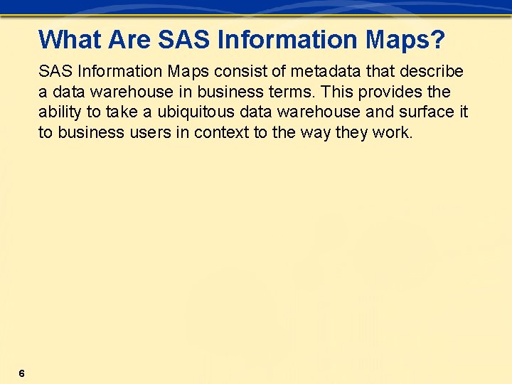 What Are SAS Information Maps? SAS Information Maps consist of metadata that describe a