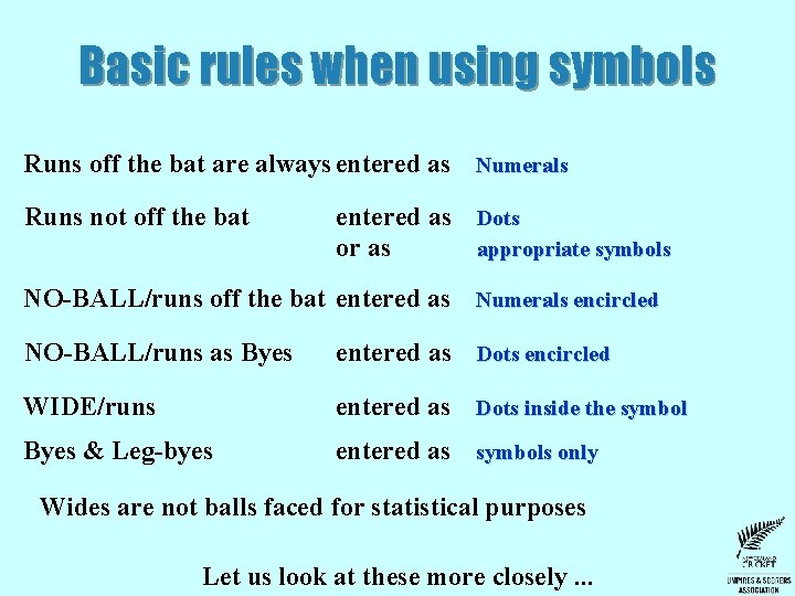 Basic rules when using symbols Runs off the bat are always entered as Numerals Basic rules when using symbols Runs off the bat are always entered as Numerals