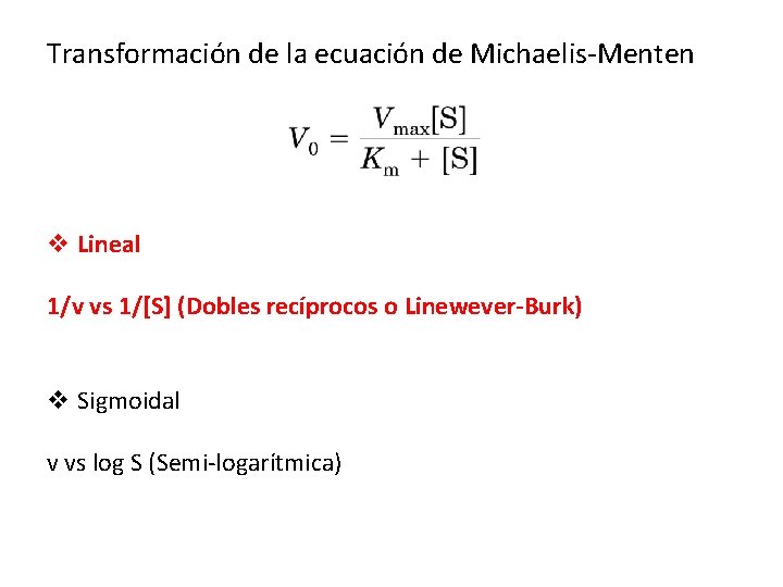 Transformación de la ecuación de Michaelis-Menten v Lineal 1/v vs 1/[S] (Dobles recíprocos o