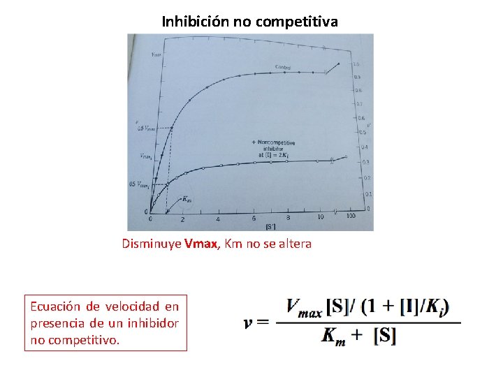 Inhibición no competitiva Disminuye Vmax, Km no se altera Ecuación de velocidad en presencia