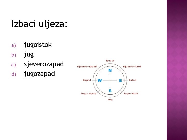 Izbaci uljeza: a) b) c) d) jugoistok jug sjeverozapad jugozapad 