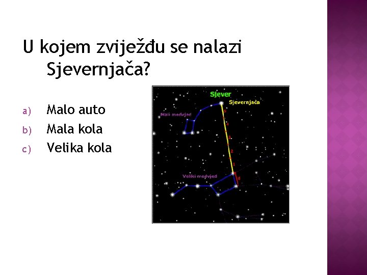 U kojem zviježđu se nalazi Sjevernjača? a) b) c) Malo auto Mala kola Velika