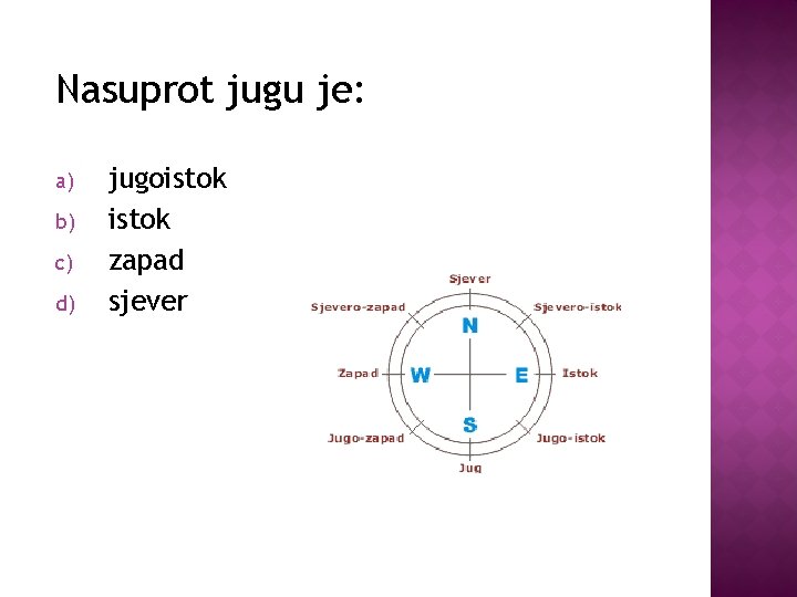 Nasuprot jugu je: a) b) c) d) jugoistok zapad sjever 