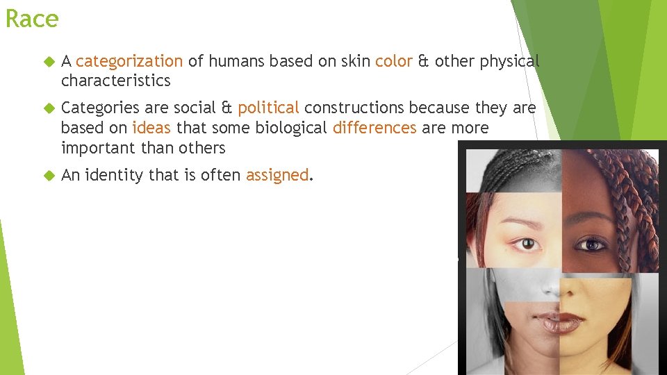 Race A categorization of humans based on skin color & other physical characteristics Categories