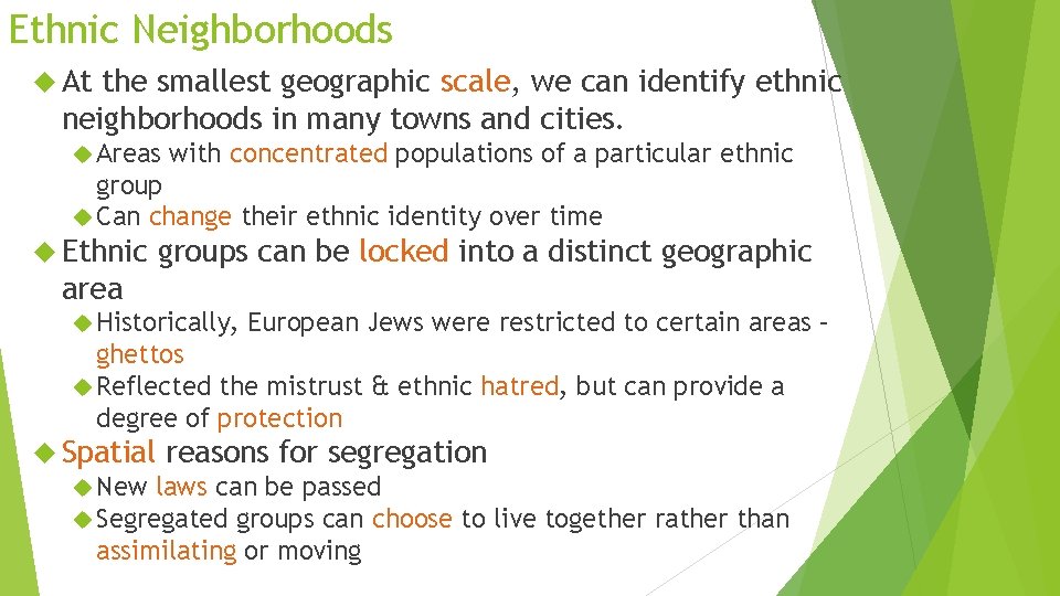 Ethnic Neighborhoods At the smallest geographic scale, we can identify ethnic neighborhoods in many