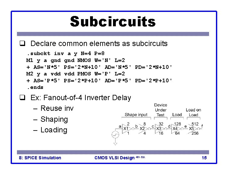Subcircuits q Declare common elements as subcircuits. subckt inv a y N=4 P=8 M Subcircuits q Declare common elements as subcircuits. subckt inv a y N=4 P=8 M