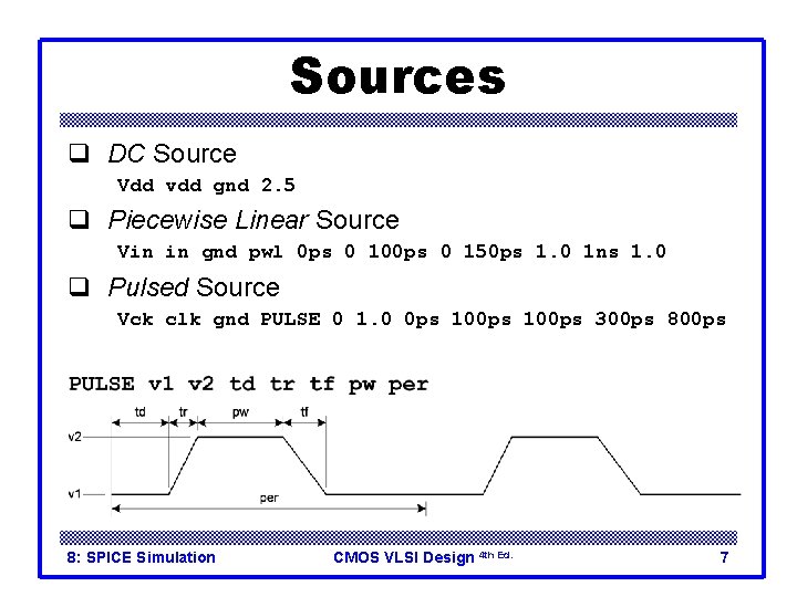 Sources q DC Source Vdd vdd gnd 2. 5 q Piecewise Linear Source Vin Sources q DC Source Vdd vdd gnd 2. 5 q Piecewise Linear Source Vin