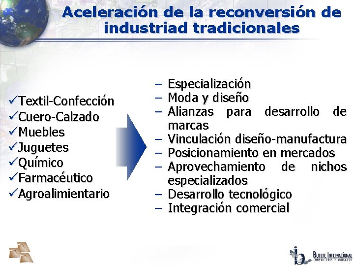 Aceleración de la reconversión de industriad tradicionales üTextil-Confección üCuero-Calzado üMuebles üJuguetes üQuímico üFarmacéutico üAgroalimientario