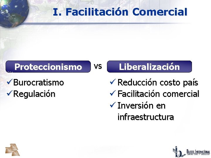 I. Facilitación Comercial Proteccionismo üBurocratismo üRegulación vs Liberalización ü Reducción costo país ü Facilitación