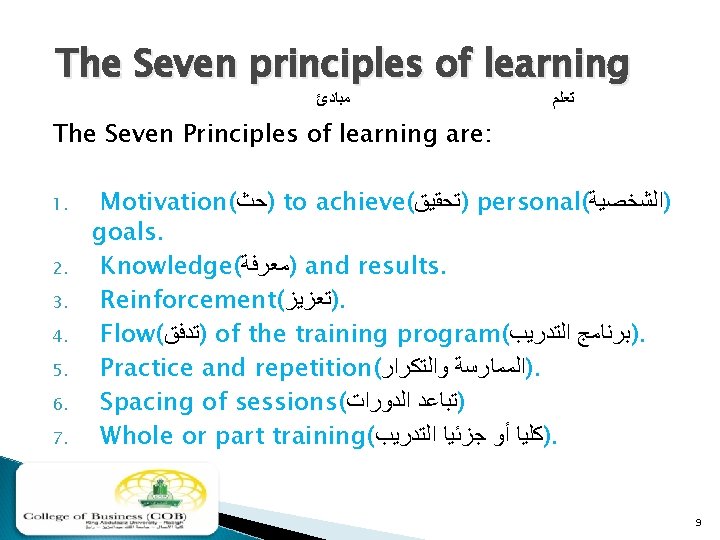 The Seven principles of learning ﻣﺒﺎﺩﺉ ﺗﻌﻠﻢ The Seven Principles of learning are: 1.