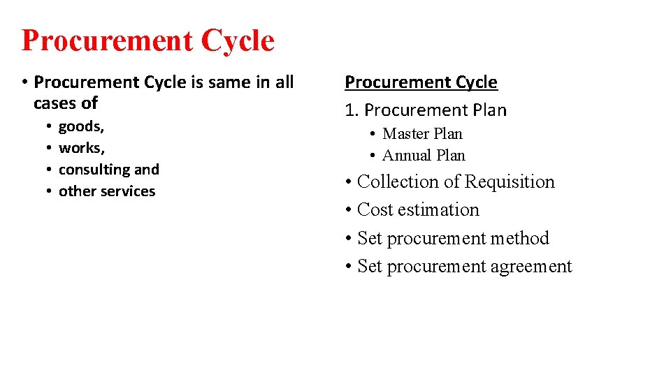 Procurement Cycle • Procurement Cycle is same in all cases of • • goods,