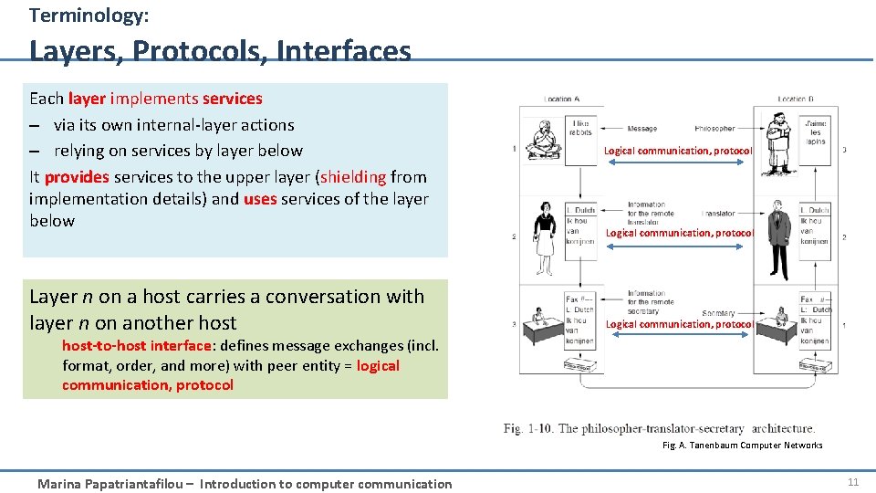 Terminology: Layers, Protocols, Interfaces Each layer implements services – via its own internal-layer actions