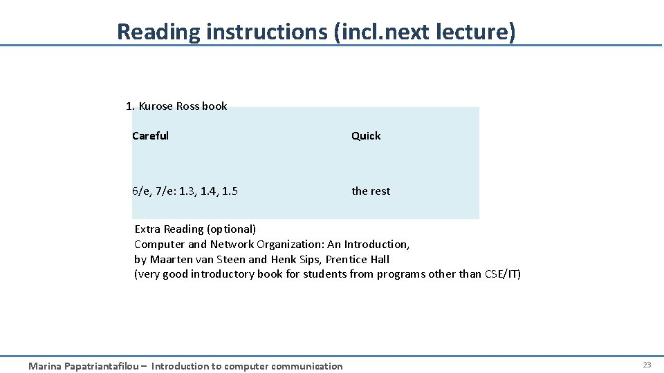 Reading instructions (incl. next lecture) 1. Kurose Ross book Careful Quick 6/e, 7/e: 1.