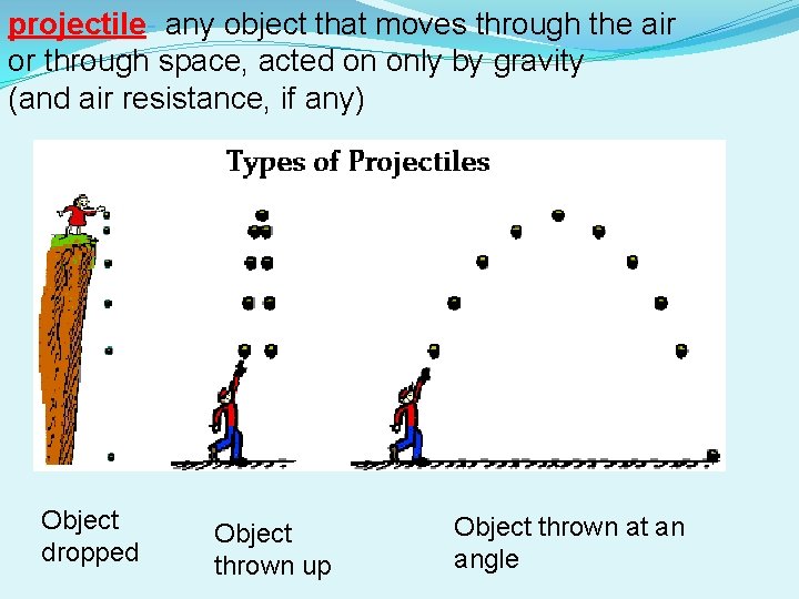projectile- any object that moves through the air or through space, acted on only projectile- any object that moves through the air or through space, acted on only