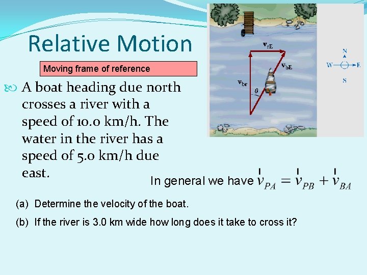 Relative Motion Moving frame of reference A boat heading due north crosses a river Relative Motion Moving frame of reference A boat heading due north crosses a river