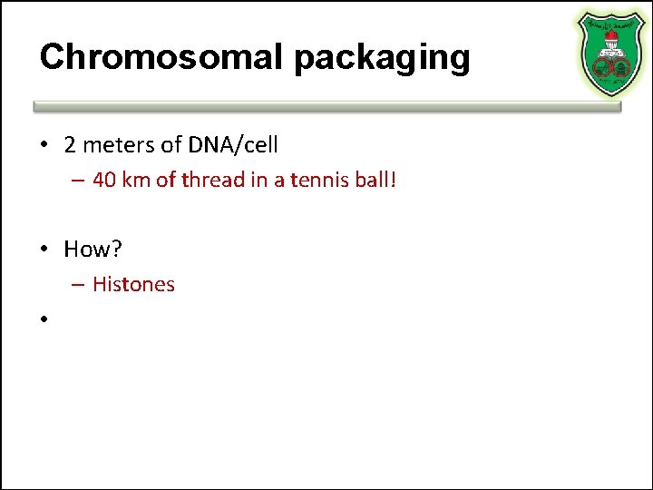 Chromosomal packaging • 2 meters of DNA/cell – 40 km of thread in a