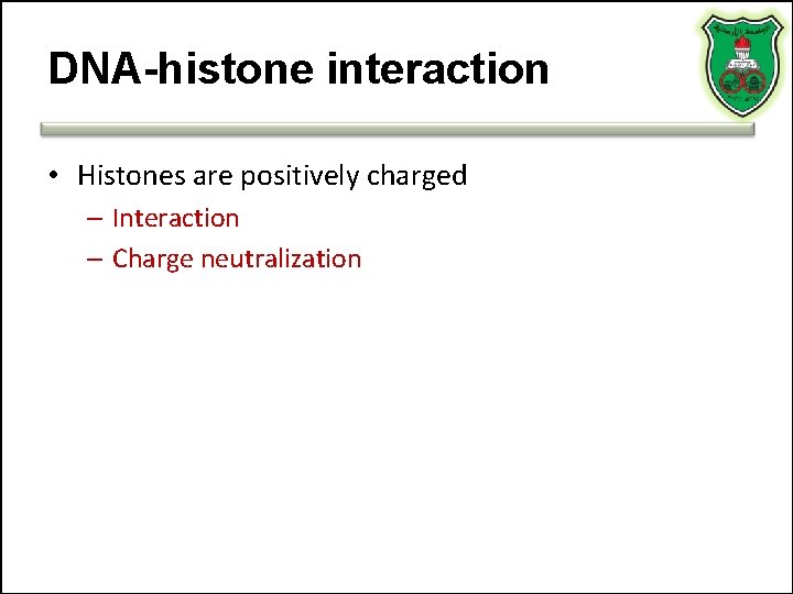 DNA-histone interaction • Histones are positively charged – Interaction – Charge neutralization 