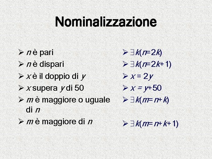 Nominalizzazione Ø n è pari Ø n è dispari Ø x è il doppio