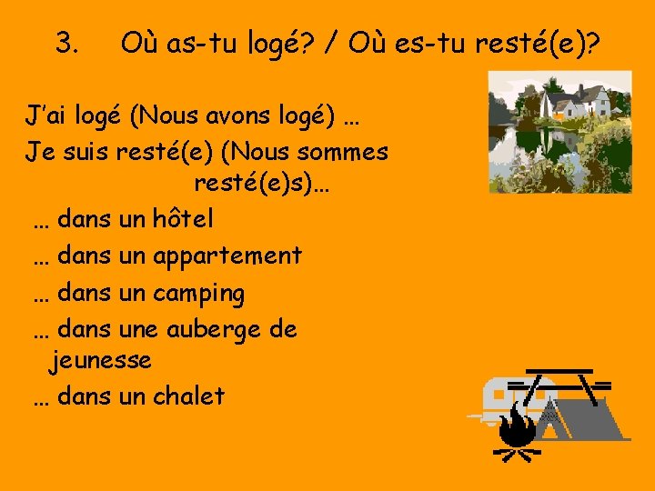 3. Où as-tu logé? / Où es-tu resté(e)? J’ai logé (Nous avons logé) … 3. Où as-tu logé? / Où es-tu resté(e)? J’ai logé (Nous avons logé) …