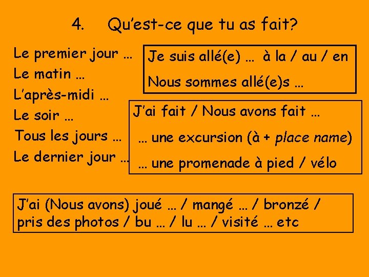 4. Qu’est-ce que tu as fait? Le premier jour … Je suis allé(e) … 4. Qu’est-ce que tu as fait? Le premier jour … Je suis allé(e) …