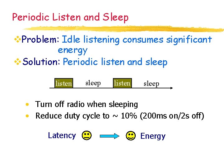 Periodic Listen and Sleep v. Problem: Idle listening consumes significant energy v. Solution: Periodic