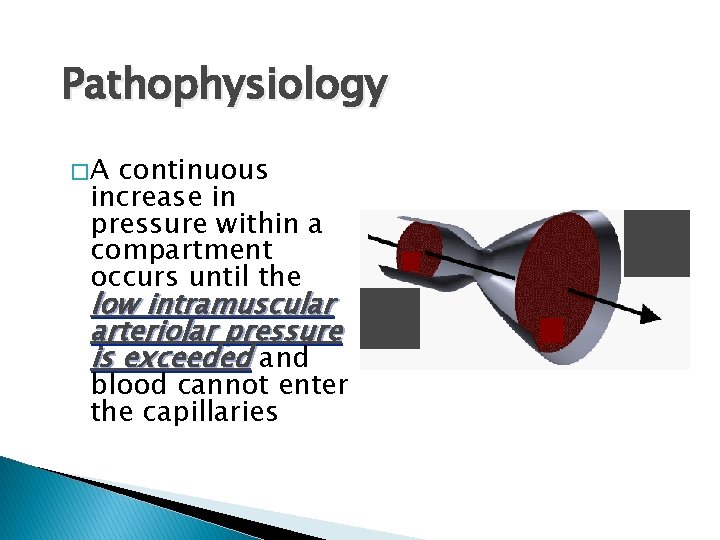 Pathophysiology �A continuous increase in pressure within a compartment occurs until the low intramuscular