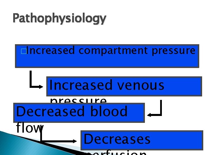Pathophysiology �Increased compartment pressure Increased venous pressure Decreased blood flow Decreases 