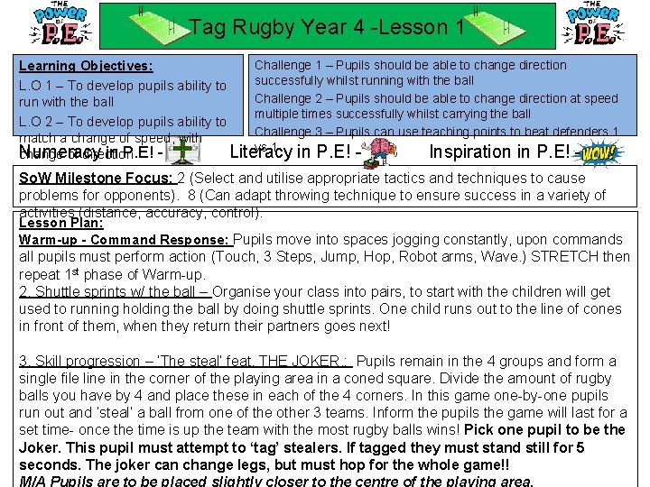 Tag Rugby Year 4 -Lesson 1 Challenge 1 – Pupils should be able to