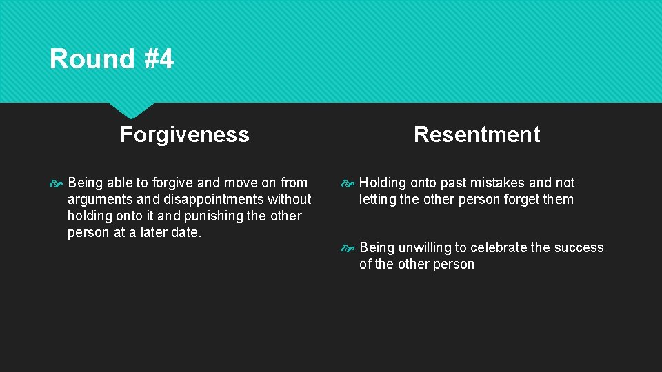 Round #4 Forgiveness Being able to forgive and move on from arguments and disappointments