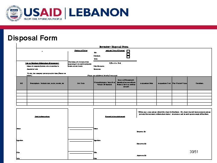 Disposal Form Inventory Disposal Form Purpose of Form Indicate Type of Disposal Sale: Donation:
