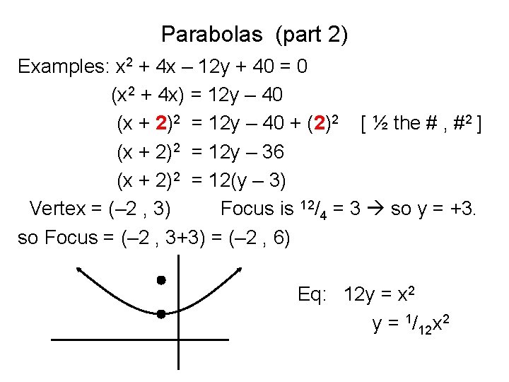 Parabolas (part 2) Examples: x 2 + 4 x – 12 y + 40