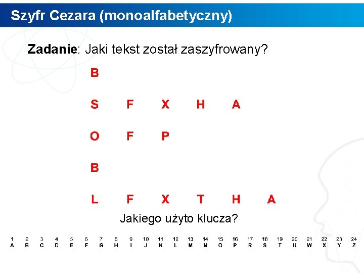 Szyfr Cezara (monoalfabetyczny) Zadanie: Jaki tekst został zaszyfrowany? Jakiego użyto klucza? 8 