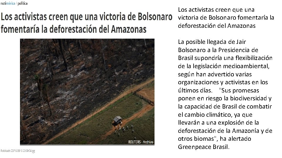 Los activistas creen que una victoria de Bolsonaro fomentaría la deforestación del Amazonas La