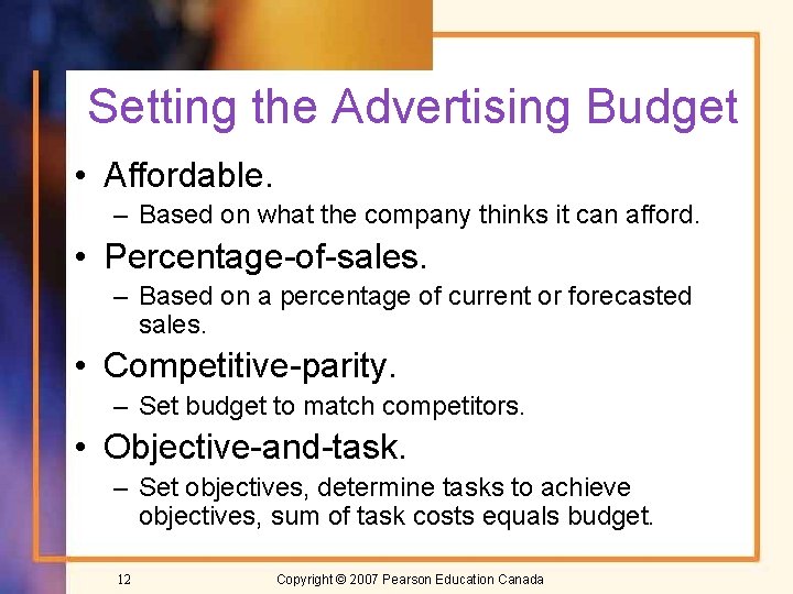 Setting the Advertising Budget • Affordable. – Based on what the company thinks it