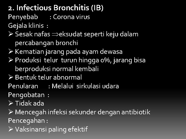 2. Infectious Bronchitis (IB) Penyebab : Corona virus Gejala klinis : Ø Sesak nafas