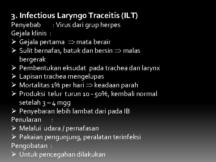 3. Infectious Laryngo Traceitis (ILT) Penyebab : Virus dari grup herpes Gejala klinis :