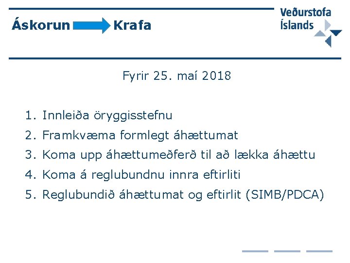 Áskorun Krafa Fyrir 25. maí 2018 1. Innleiða öryggisstefnu 2. Framkvæma formlegt áhættumat 3.