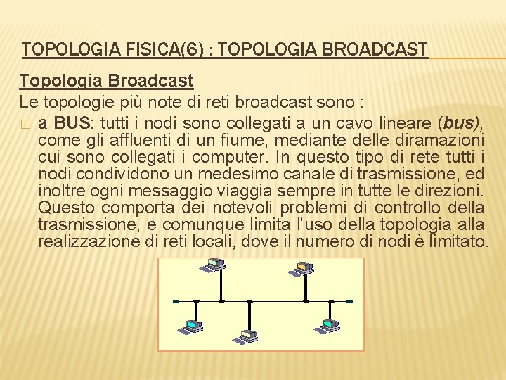 TOPOLOGIA FISICA(6) : TOPOLOGIA BROADCAST Topologia Broadcast Le topologie più note di reti broadcast